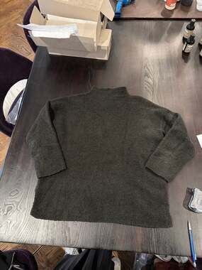 Eileen Fisher Organic Cotton Boucle Mock Neck Top in black or dark grey petit s